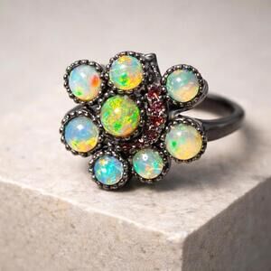 Danny Buonomo Artisan 1980s Silver 925 Sculptural Opal Garnet Cluster Ring Sz 8